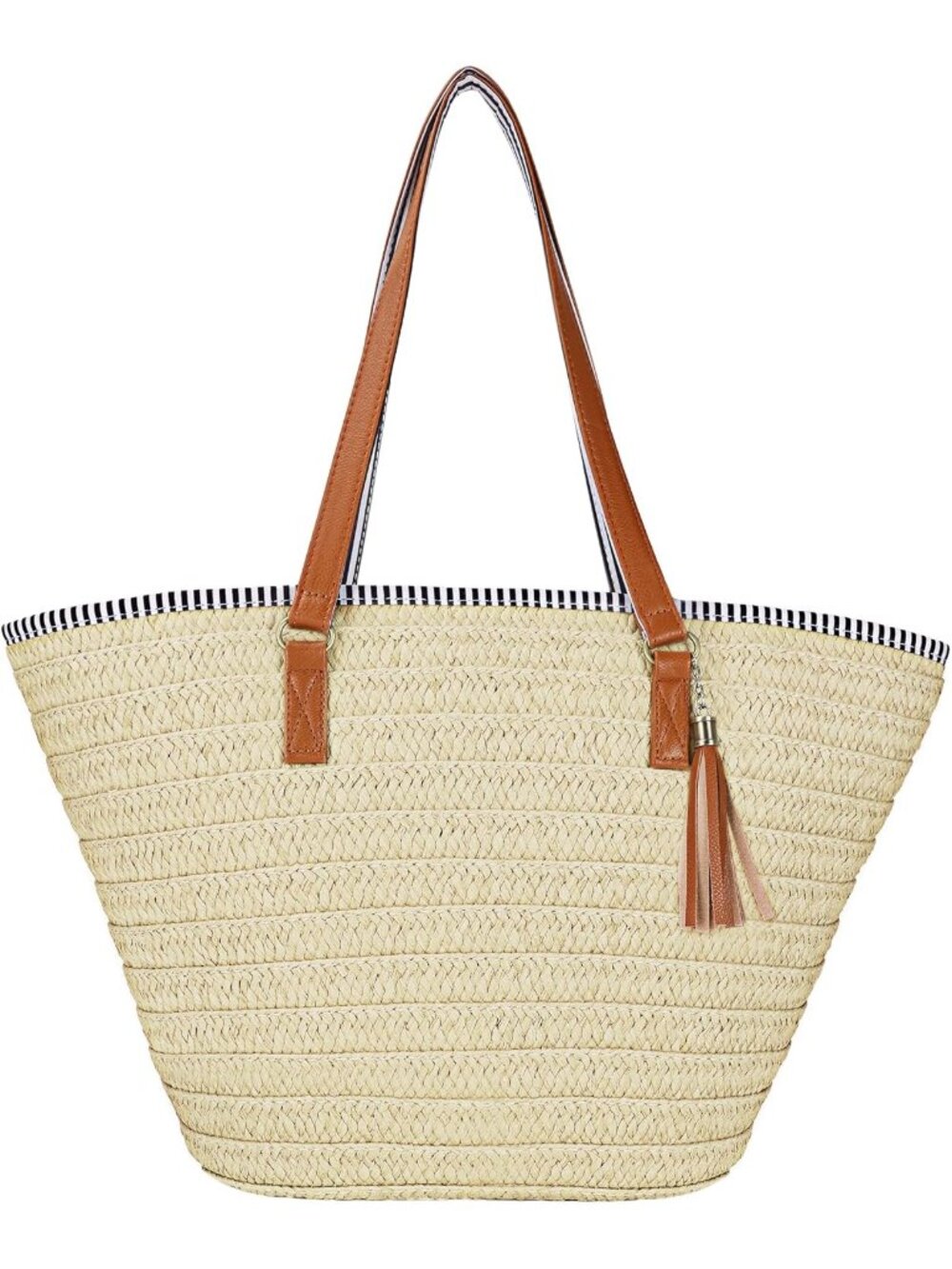 Women's Beige Large Straw Shoulder Bag Beach Tote with Tassel for Summer